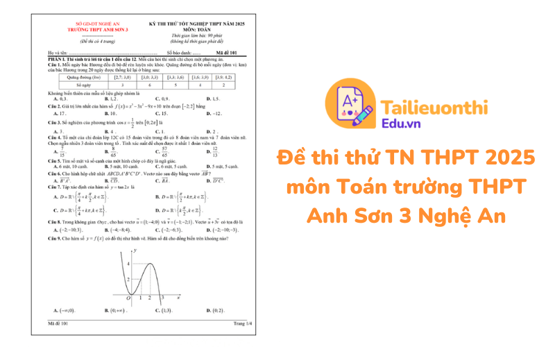 Đề thi thử TN THPT 2025 môn Toán trường THPT Anh Sơn 3 Nghệ An có đáp án
